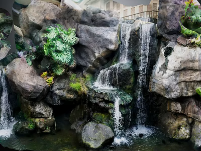 Scenic Garden Landscape Featuring Rockery Waterfall Green Plants And Pond 3d model