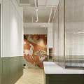 Modern Hotel Corridor With Green Walls Decorative Mural Soft Lighting And Geometric Flooring