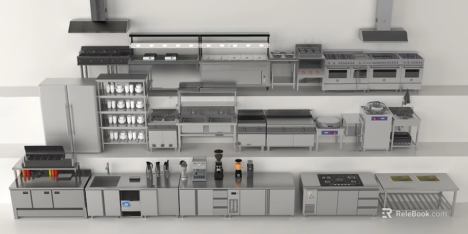 Various Stainless Steel Kitchen Appliances Display With Modern Cabinets And Shelves 3d model 