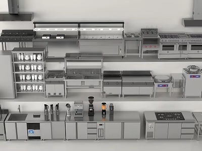 Various Stainless Steel Kitchen Appliances Display With Modern Cabinets And Shelves 3d model