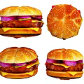 Four Delicious Hamburgers With Sesame Buns Onions Beef Patties And Cheese Slices