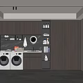 Modern Laundry Room With Two White Washing Machines Dark Wood Cabinets And Shelves