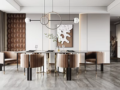 Elegant Modern Restaurant Interior With Dining Table Leather Chairs Chandelier And Artwork 3d model