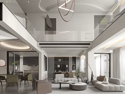 Modern Loft Living Room With Double Height Space And Minimalist Design 3d model