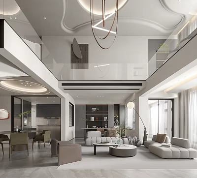 Modern Loft Living Room With Double Height Space And Minimalist Design 3d model