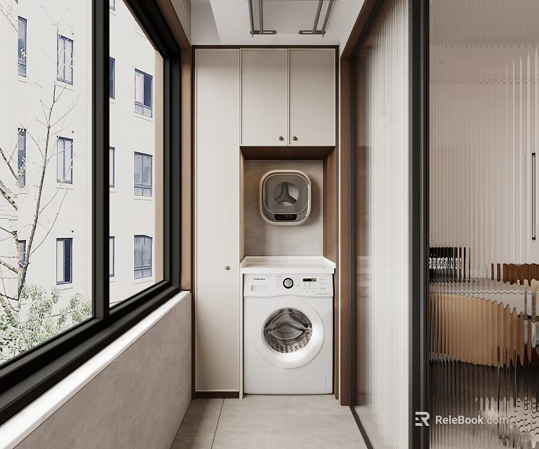 Modern Home Balcony Interior Design With Washing Machine And Upper Cabinets 3d model 