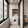 Modern Home Balcony Interior Design With Washing Machine And Upper Cabinets