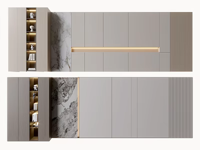 Modern Background Wall Design With Light Gray Panels Marble Texture Recessed Lighting And Storage Shelves 3d model