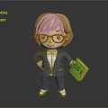 3D Doll With Brown Hair Red Glasses Blue Suit Holding Green Book With CGI Text