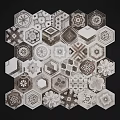 Vintage Hexagonal Tile Floor With Intricate Patterns And White Teapot Accent 3d model