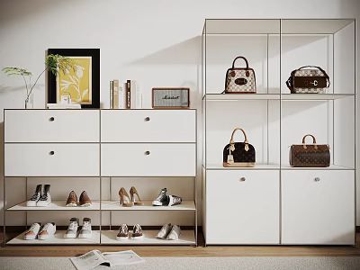 Modern Shoe Cabinet Design With Open Shelves For Shoes And Handbag Storage 3d model