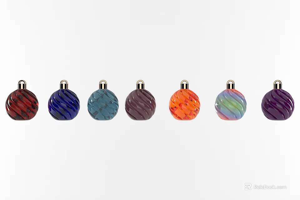 Colorful Spherical Ornaments With Swirl Patterns And Metal Hooks For Festive Decorations 3d model 
