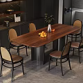 Modern Dining Table With Six Chairs Fruits Vase And Dark Kitchen Cabinets