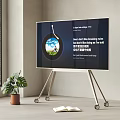Modern Portable TV on Wheel Stand Displaying Content in Indoor Space With Green Plant