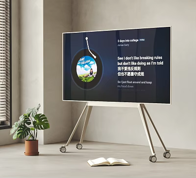Modern Portable TV on Wheel Stand Displaying Content in Indoor Space With Green Plant 3d model