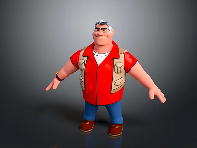 Smiling Male 3D Character With Gray Hair Red Shirt Beige Vest And Open Arms Pose 3d model