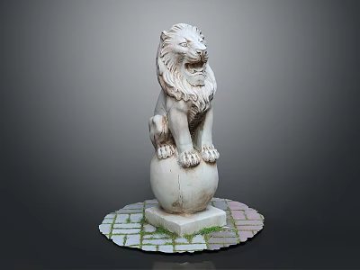 White Marble Lion Sculpture Standing On Sphere With Square Base And Brick Platform 3d model