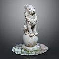 White Marble Lion Sculpture Standing On Sphere With Square Base And Brick Platform 3d model