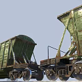 Old Green Freight Train Carriages With Rusty Metal Wheels And Connected Parts