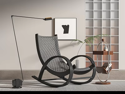 Black Wicker Rocking Chair With Floor Lamp Wall Art And Side Table 3d model