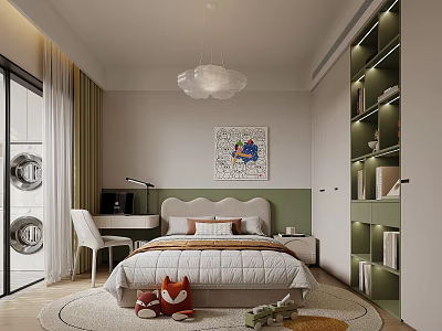 Cozy Kids Room Interior With Bed Desk Bookshelf Rug Stuffed Toys And Chandelier 3d model