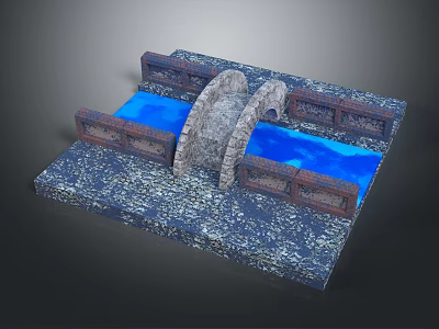 Cartoon Scene With Stone Bridge Over Blue Water And Brick Walls On Cobblestone Path 3d model