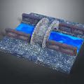 Cartoon Scene With Stone Bridge Over Blue Water And Brick Walls On Cobblestone Path