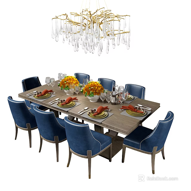 Elegant Dining Table Set With Blue Chairs Yellow Flowers Tableware And Crystal Chandelier 3d model 
