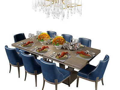 Elegant Dining Table Set With Blue Chairs Yellow Flowers Tableware And Crystal Chandelier 3d model