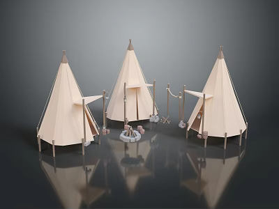 White Teepee Tents Interior Decor Setup With Wooden Poles And Decorative Accessories 3d model