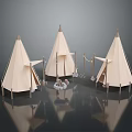 White Teepee Tents Interior Decor Setup With Wooden Poles And Decorative Accessories