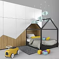 House Shaped Kids Bed with Black Frame Cloud Pendant Lights and Wooden Geometric Wall