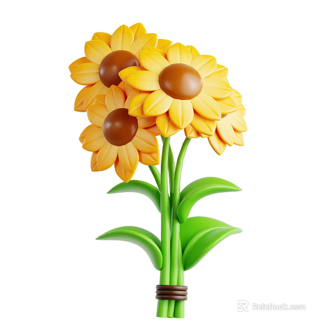 Bright Yellow Sunflowers With Brown Centers Green Stems And Leaves 3d model 