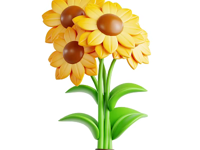 Bright Yellow Sunflowers With Brown Centers Green Stems And Leaves 3d model