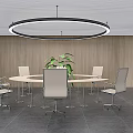 Modern Conference Room With Round Table Green Plant And Screen On Wooden Gray Walls