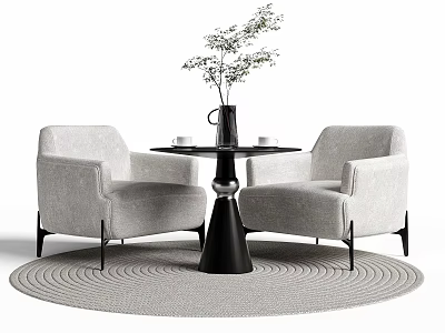 Modern Grey Armchairs And Black Round Table With Vase Plant On Woven Rug 3d model