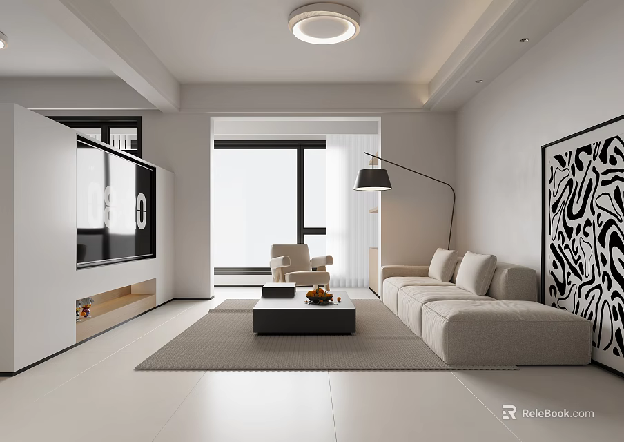 Modern Living Dining Room Interior With Beige Sofa Coffee Table And Abstract Painting 3d model 