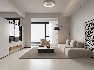 Modern Living Dining Room Interior With Beige Sofa Coffee Table And Abstract Painting 3d model