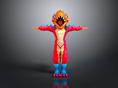 Vibrant Dinosaur Costume Worn by Person Standing With Arms Outstretched in Orange Blue Red 3d model