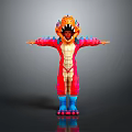 Vibrant Dinosaur Costume Worn by Person Standing With Arms Outstretched in Orange Blue Red