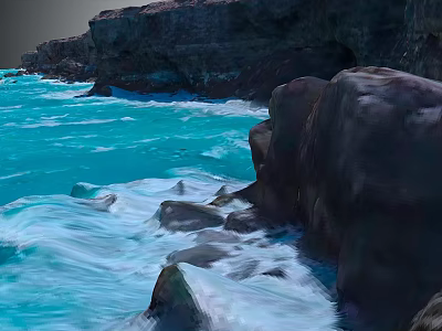 Turquoise Blue Ocean Waves Crashing Against Black Rocks And Coastal Cliffs 3d model