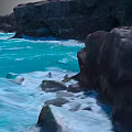 Turquoise Blue Ocean Waves Crashing Against Black Rocks And Coastal Cliffs