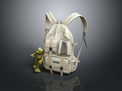 Beige Backpack With Green Frog Doll As Practical Daily Life Item 3d model