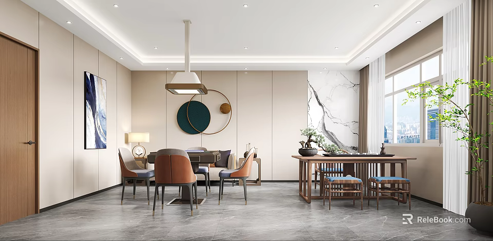 Elegant Modern Hotel Mahjong Room Interior With Comfortable Tables Chairs And Decor 3d model 