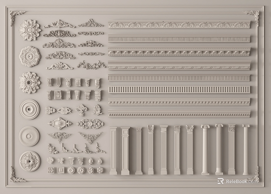 Classic Decorative Carving Ornamental Strips Columns And Design Elements For Interior 3d model 