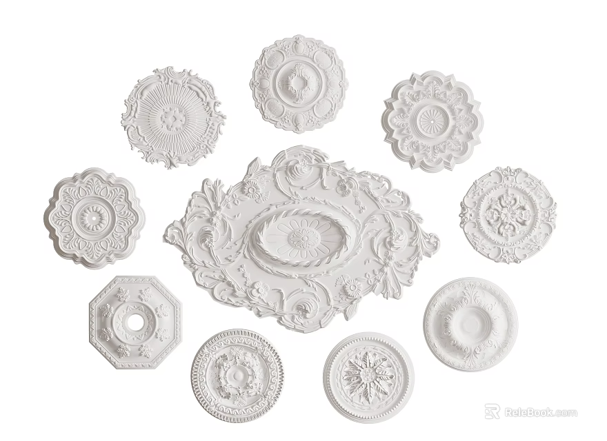 White Plaster Ceiling Medallions with Various Decorative Designs for Lighting Fixtures 3d model 