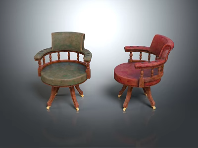 Classic Leisure Chairs with Wooden Frame Green Red Upholstered Seats Armrests and Casters 3d model
