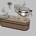 Modern Kitchen Interior With Curved Marble Countertop Cabinets Island Stools And Plants