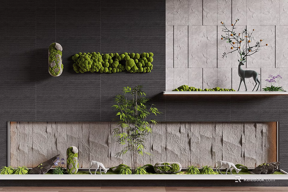 Natural Stone Feature Wall With Moss Decorations Bamboo Plants And Deer Ornaments 3d model 