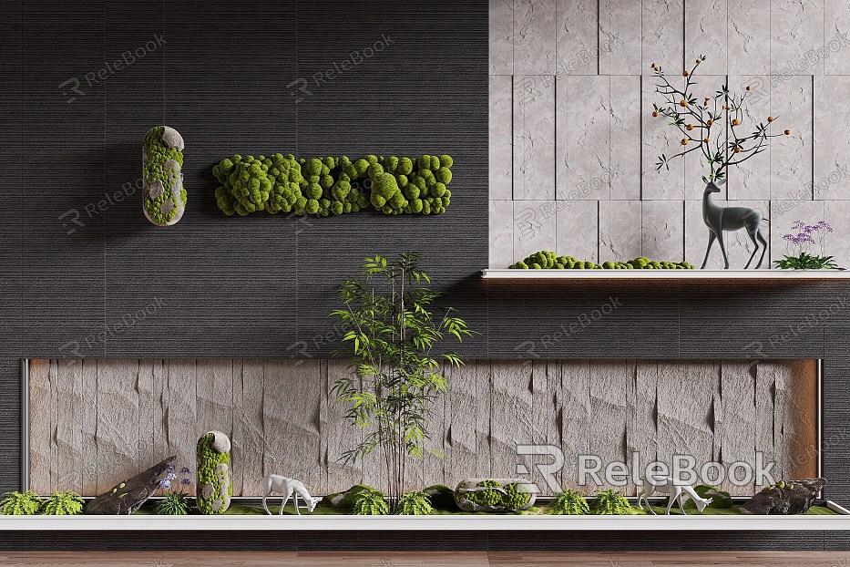 Modern landscape sketch moss green plant landscaping stone background wall landscape moss landscaping model